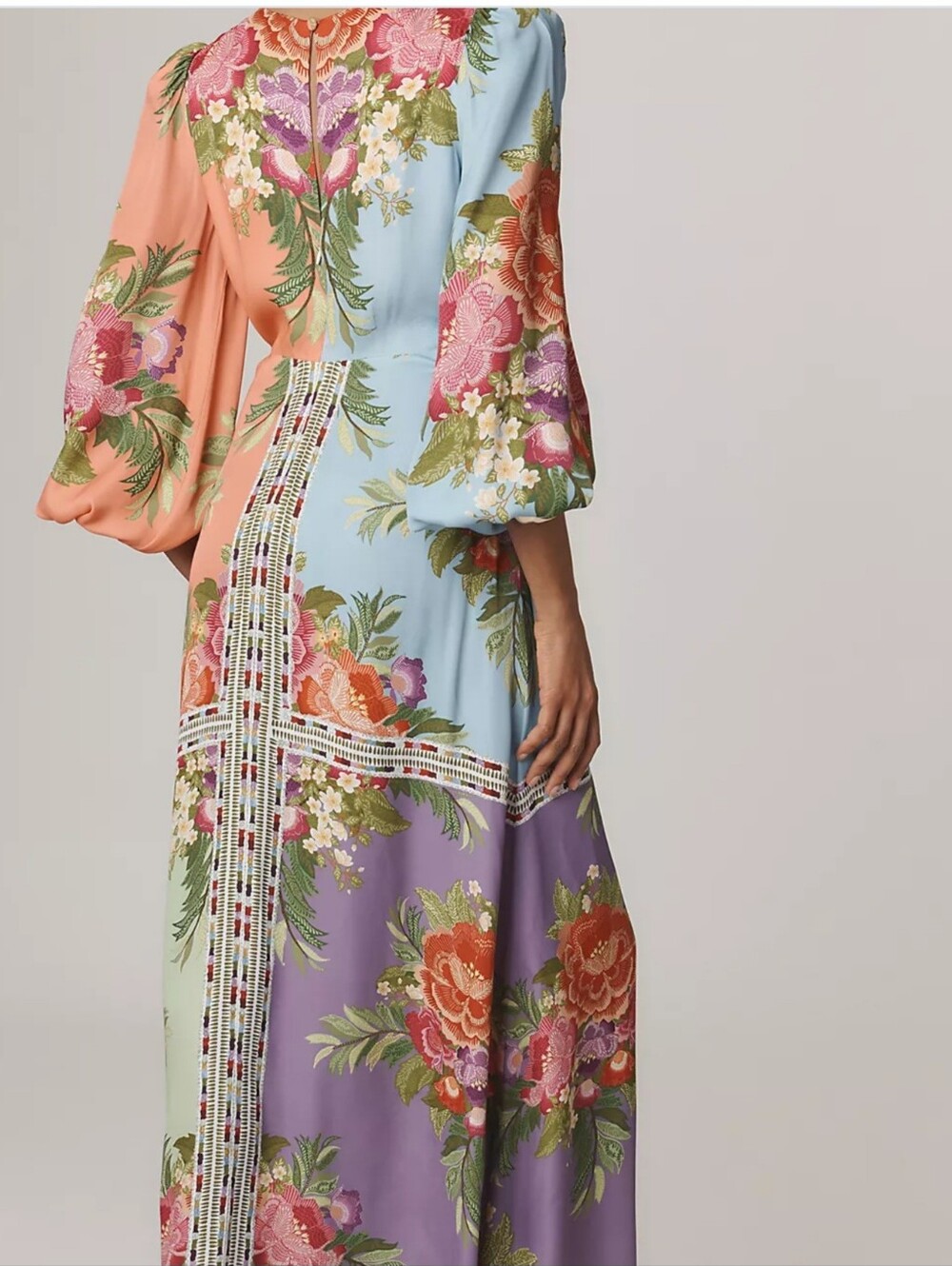 FARM Rio Two-Tone Floral V-Neck Long Sleeve Dress in Blue and Orange - Picture 3 of 12